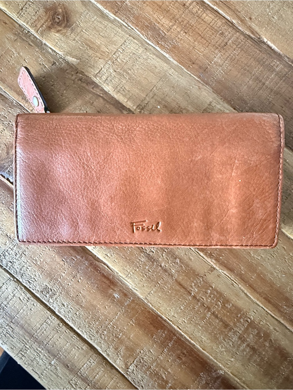 Fossil Leather Long Zip Wallet in Cognac Brown